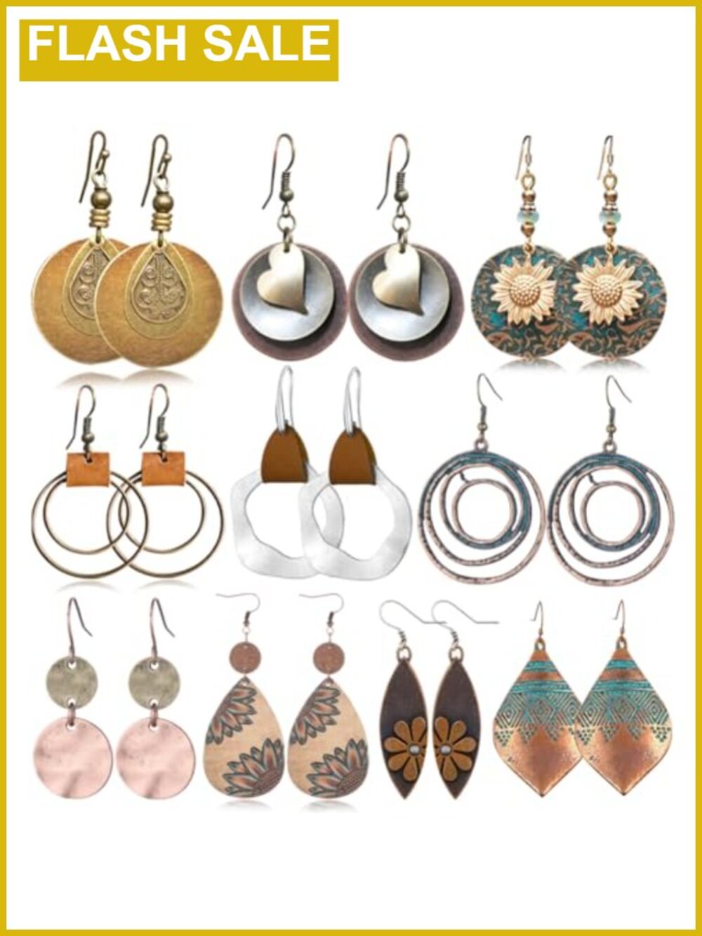 10 Pairs Vintage Dangle Earrings Boho Set Sunflower Teardrop